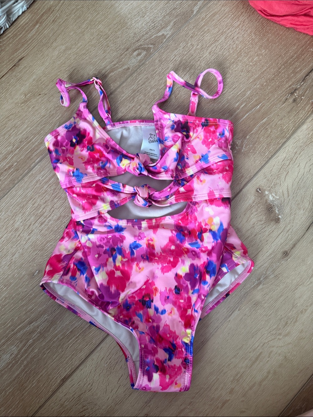 art class Pink Floral One-Piece Swimsuit with Blue Accents
